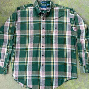 Men's Vintage 70s TOWNCRAFT Green Plaid LS Shirt Size XL Taiwan Casual